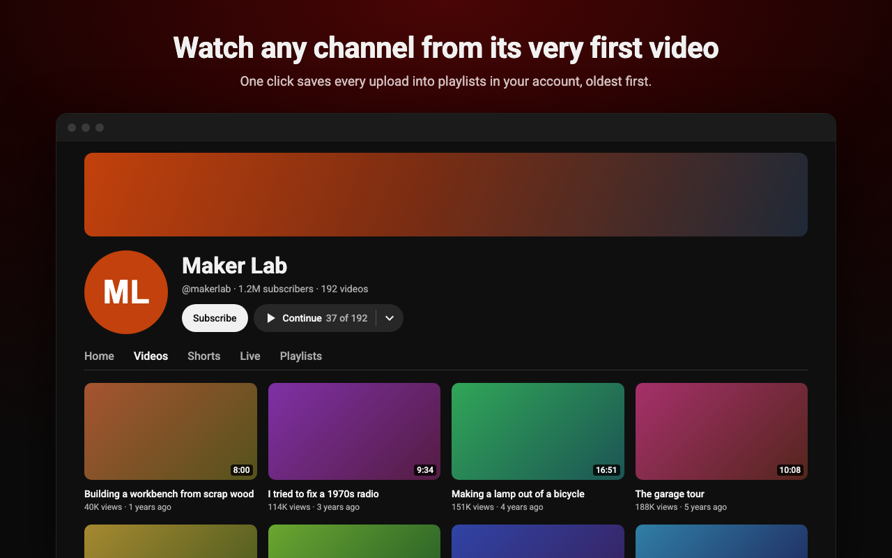 The Continue button next to Subscribe on a channel page